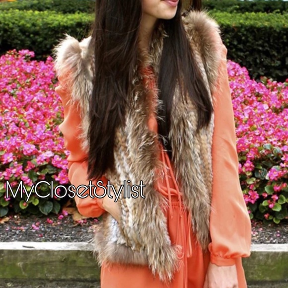 Neiman Marcus REX RABBIT Fur Knit Vest Raccoon Large L NEW - Picture 4 of 4